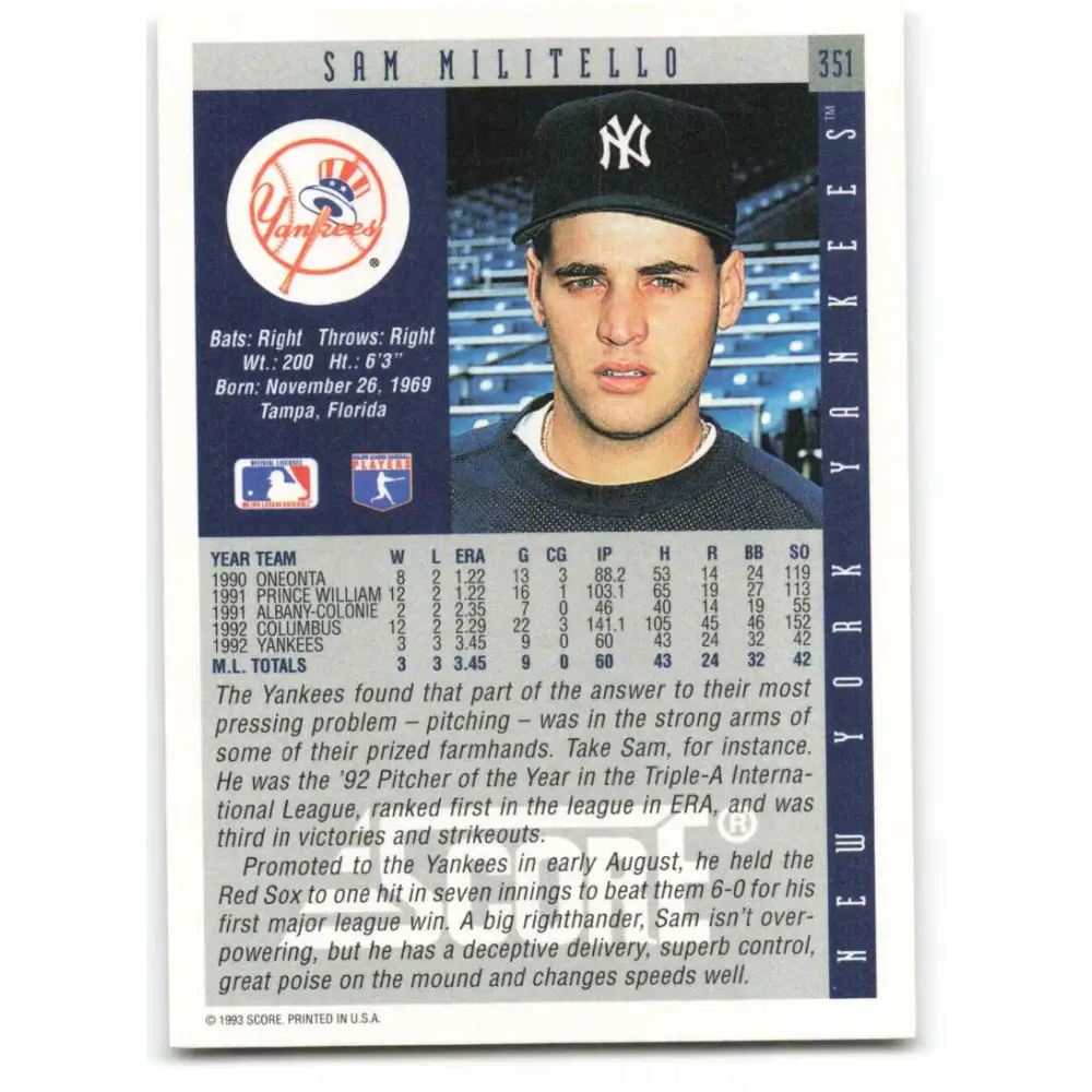 1993 Score #351 Sam Militello NM-MT New York Yankees Baseball Card Image 2
