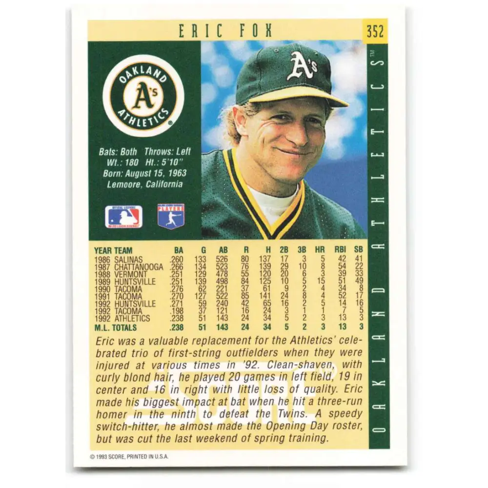 1993 Score #352 Eric Fox NM-MT Oakland Athletics Baseball Card Image 2