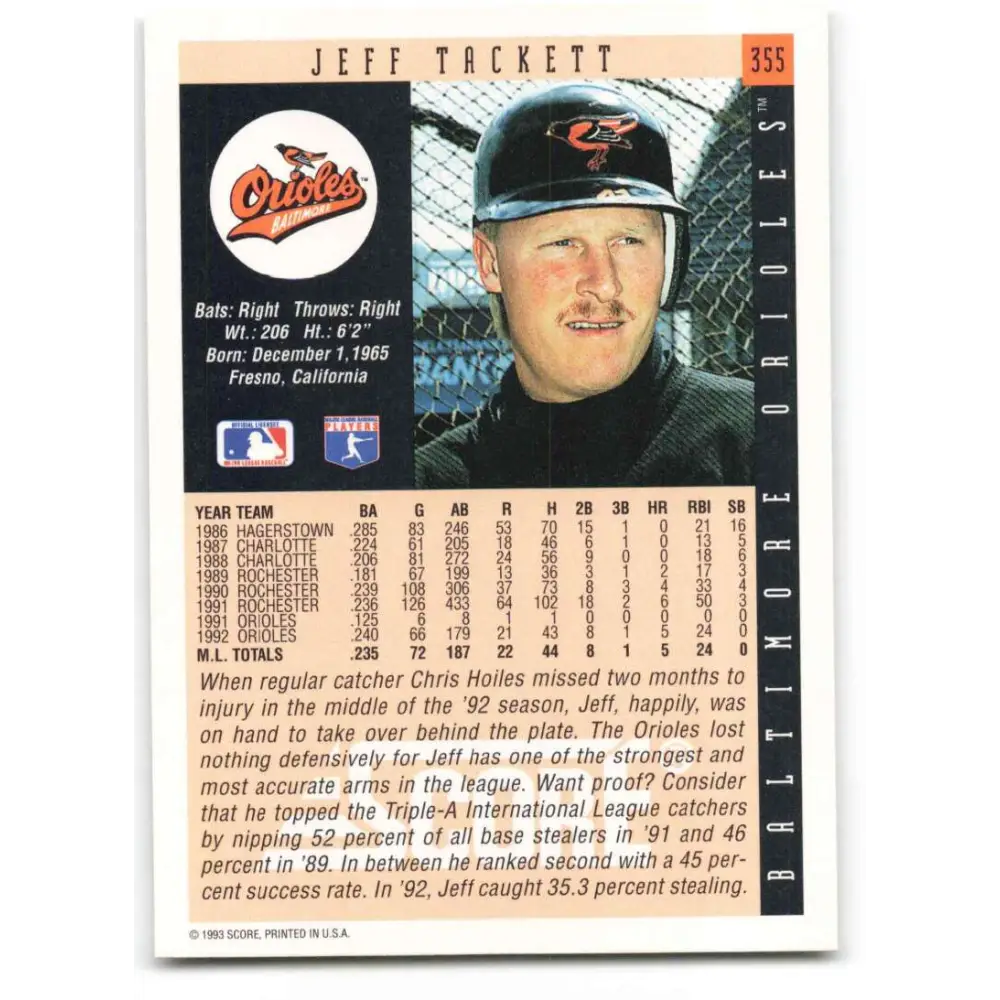 1993 Score #355 Jeff Tackett NM-MT Baltimore Orioles Baseball Card Image 2
