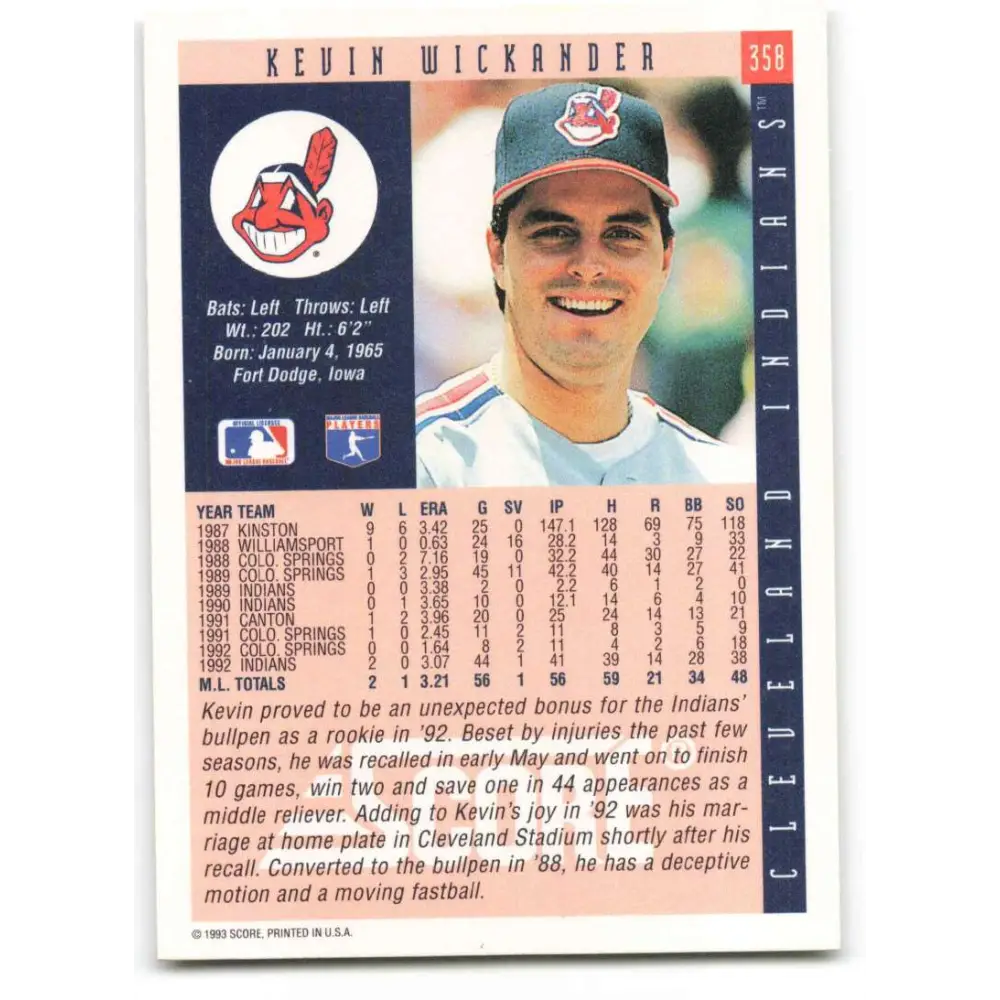 1993 Score #358 Kevin Wickander NM-MT Cleveland Indians Baseball Card Image 2