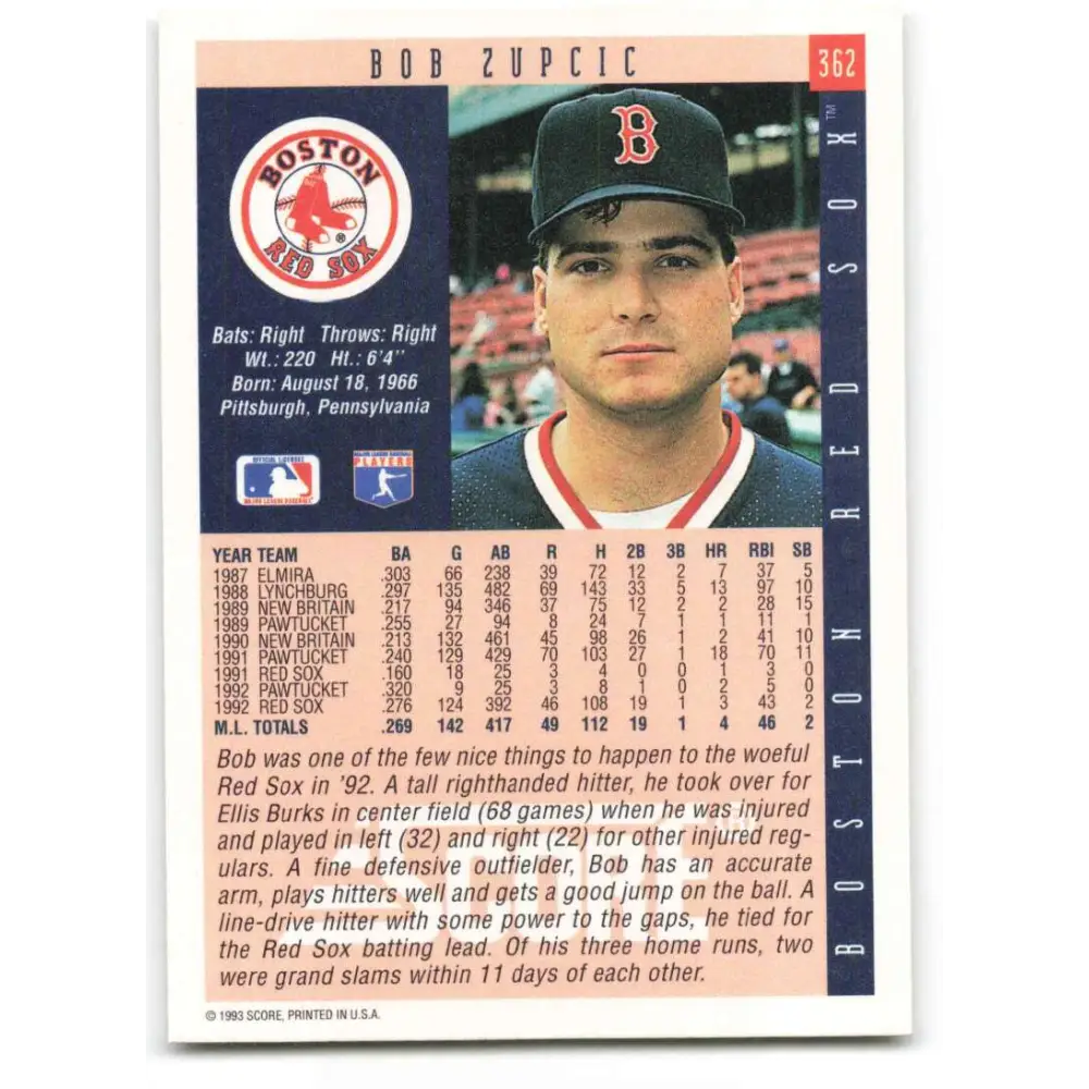 1993 Score #362 Bob Zupcic NM-MT Boston Red Sox Baseball Card Image 2