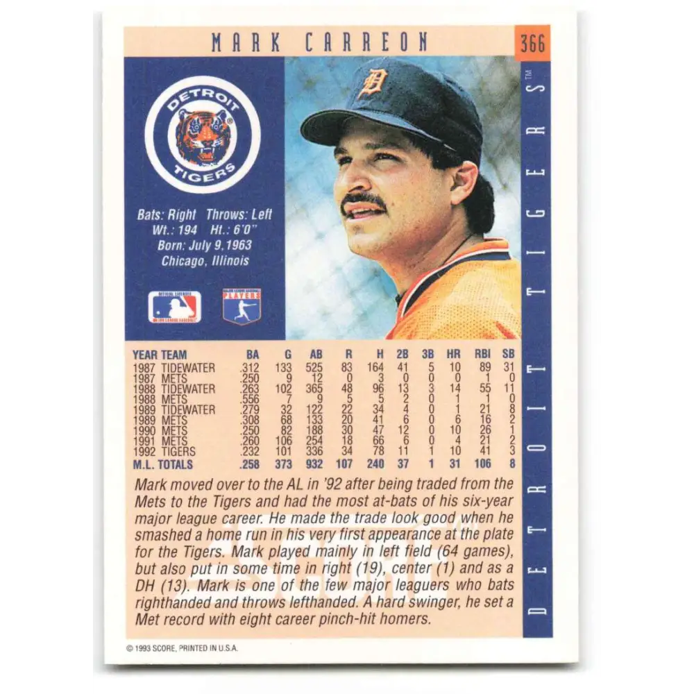 1993 Score #366 Mark Carreon NM-MT Detroit Tigers Baseball Card Image 2