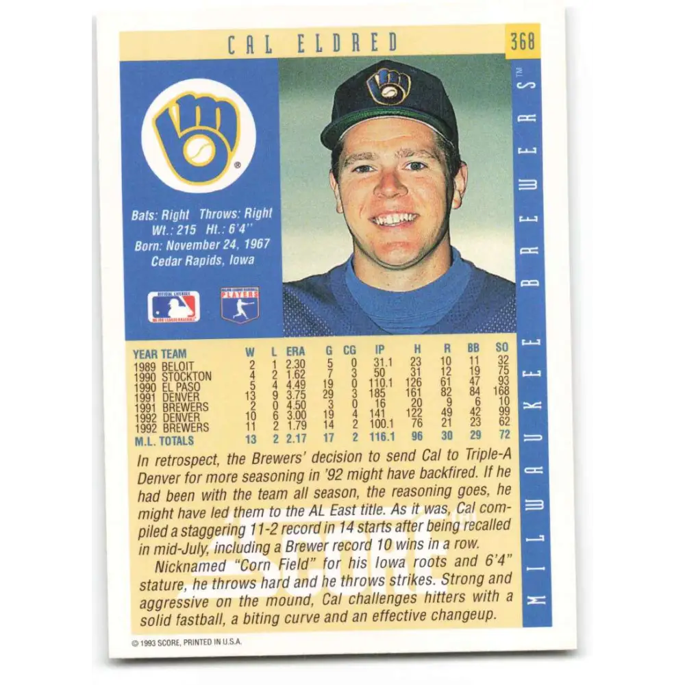 1993 Score #368 Cal Eldred NM-MT Milwaukee Brewers Baseball Card Image 2