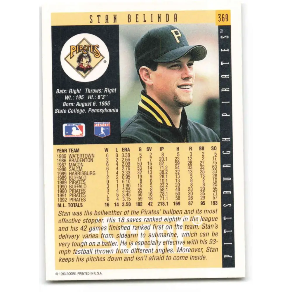 1993 Score #369 Stan Belinda NM-MT Pittsburgh Pirates Baseball Card Image 2
