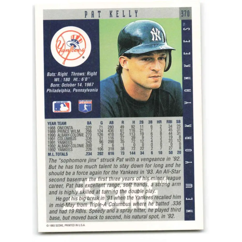 1993 Score #370 Pat Kelly NM-MT New York Yankees Baseball Card Image 2