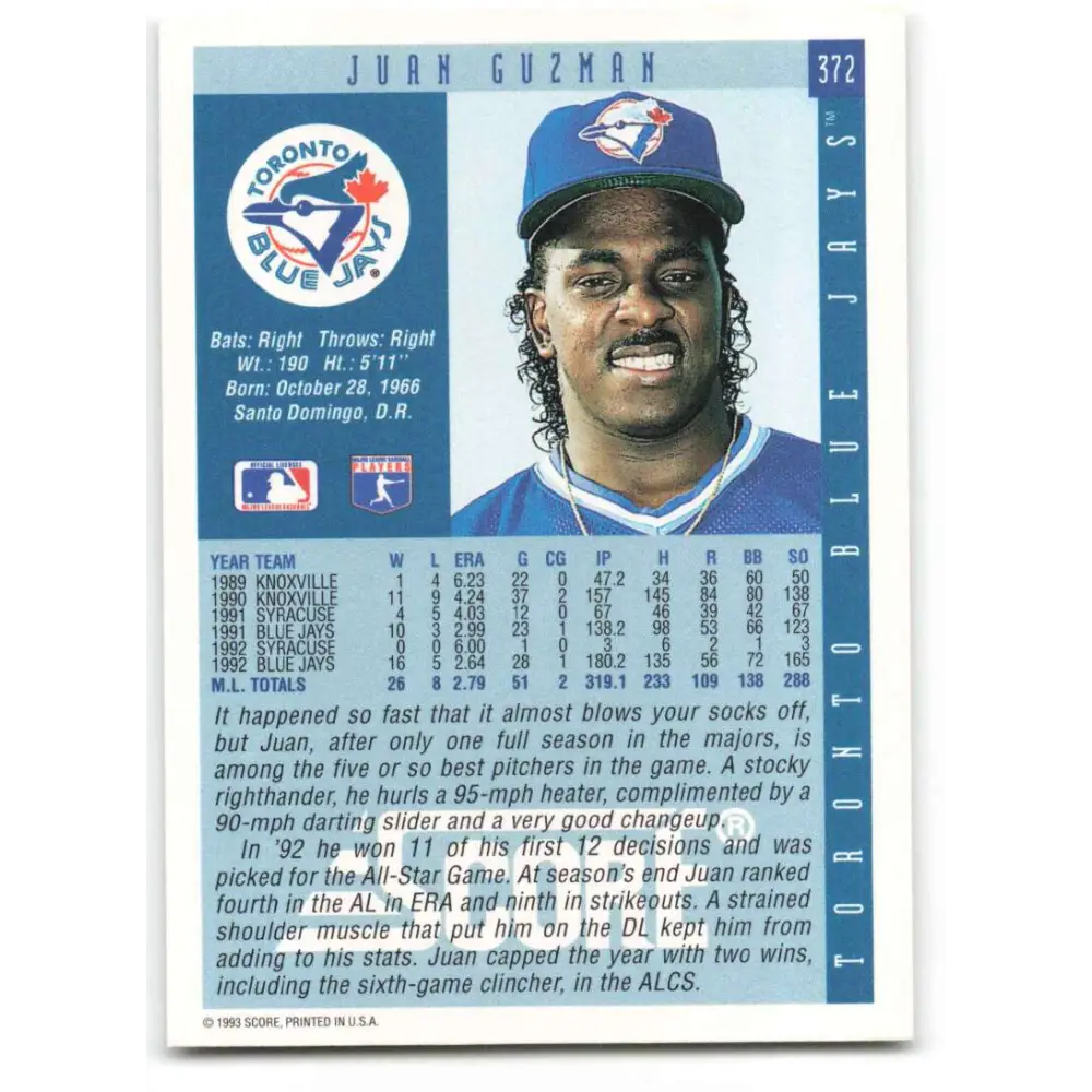 1993 Score #372 Juan Guzman NM-MT Toronto Blue Jays Baseball Card Image 2