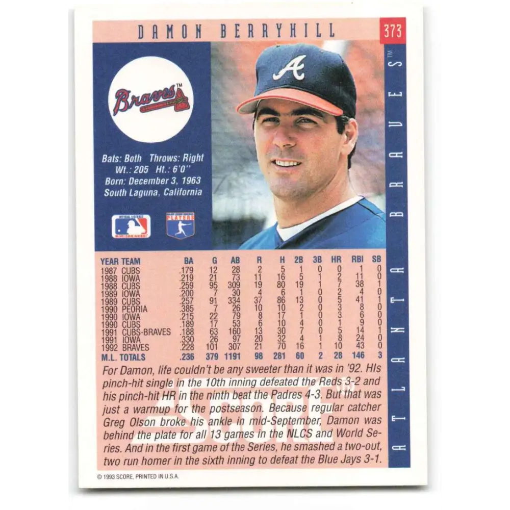 1993 Score #373 Damon Berryhill NM-MT Atlanta Braves Baseball Card Image 2