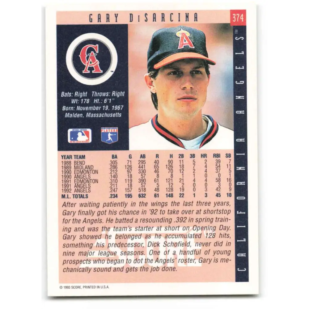 1993 Score #374 Gary DiSarcina NM-MT California Angels Baseball Card Image 2