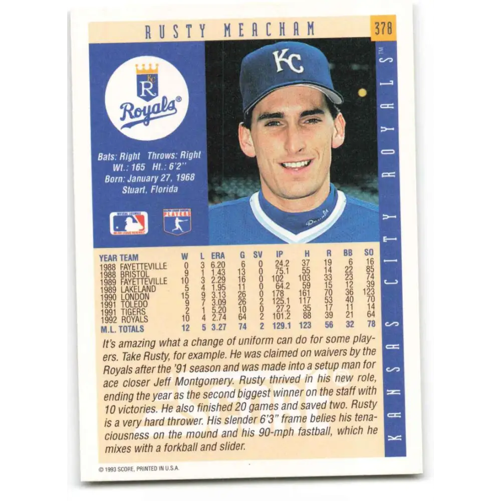 1993 Score #378 Rusty Meacham NM-MT Kansas City Royals Baseball Card Image 2