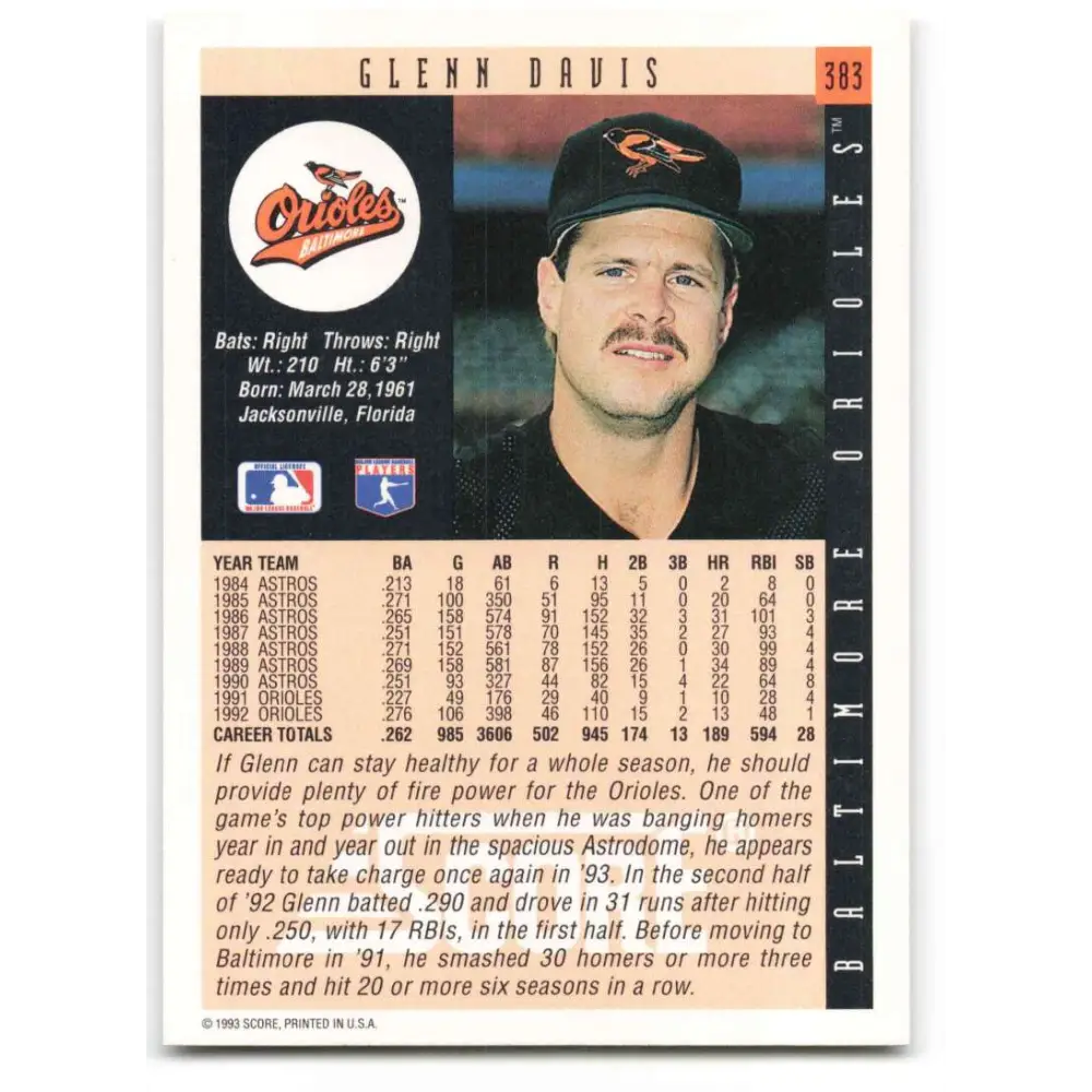 1993 Score #383 Glenn Davis NM-MT Baltimore Orioles Baseball Card Image 2