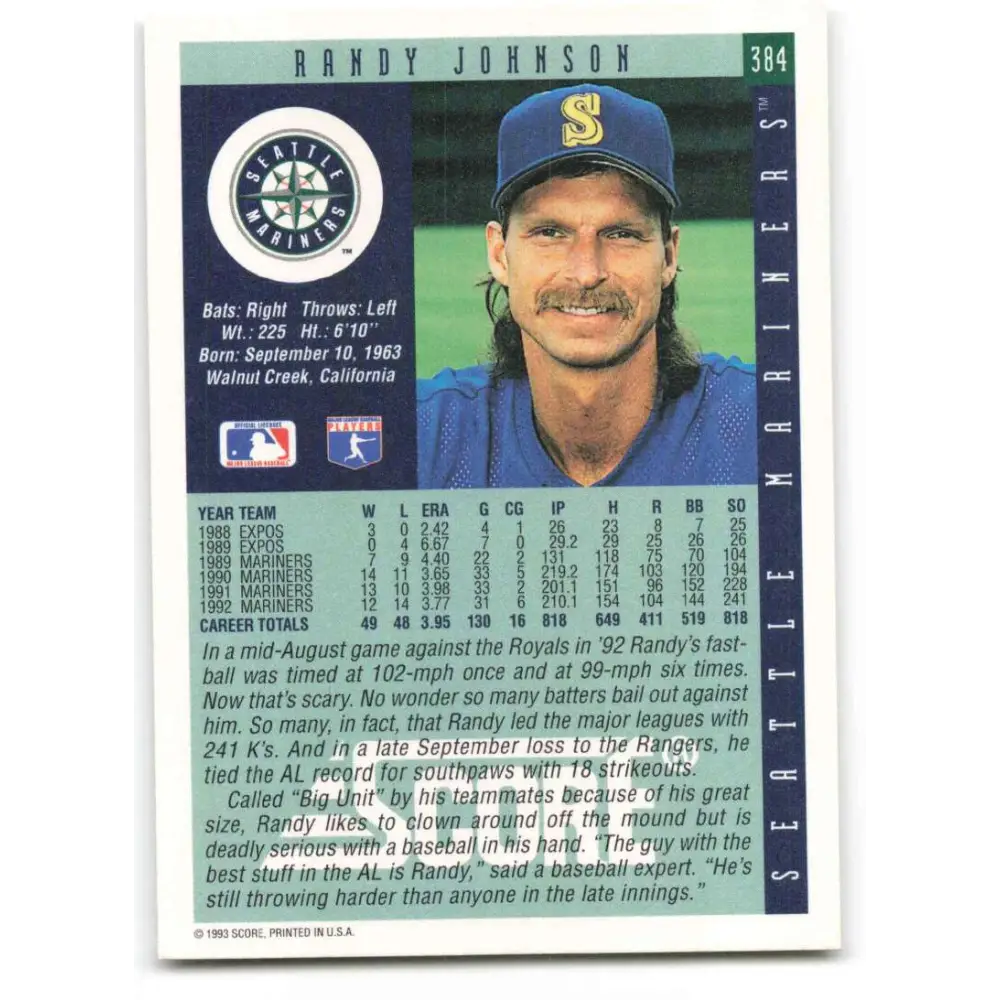 1993 Score #384 Randy Johnson NM-MT Seattle Mariners Baseball Card Image 2