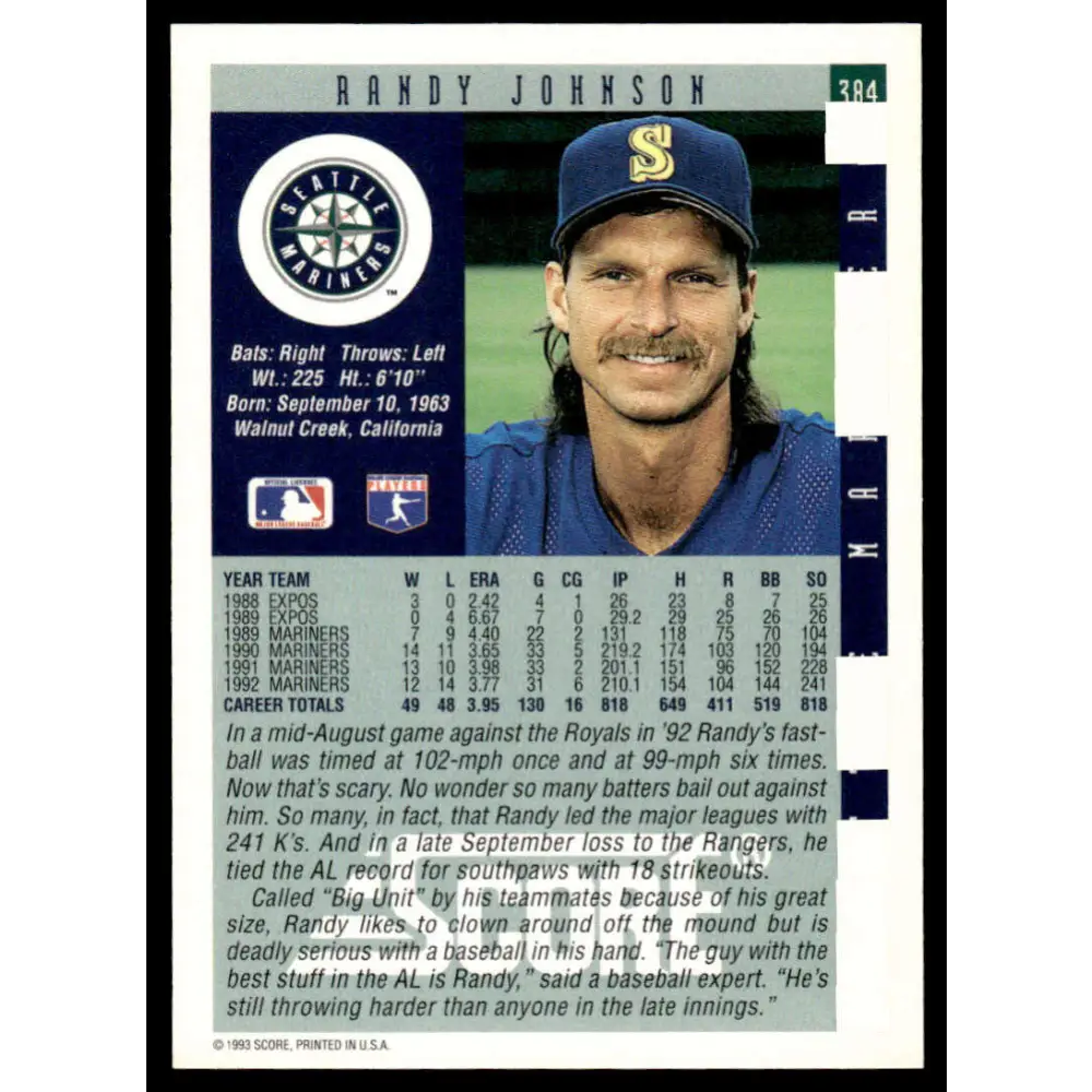 1993 Score #384 Randy Johnson NM-MT Seattle Mariners Baseball Card Image 2