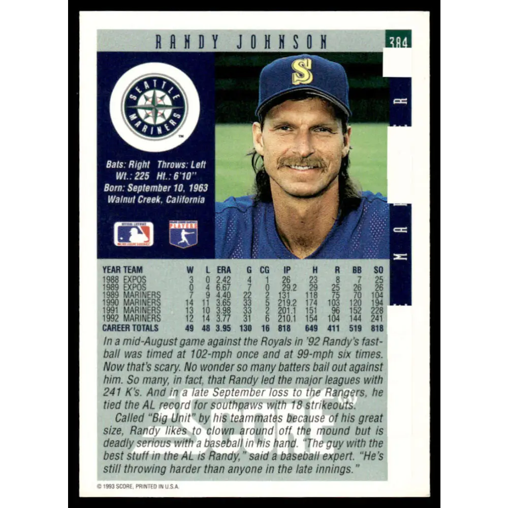 1993 Score #384 Randy Johnson NM-MT Seattle Mariners Baseball Card Image 2