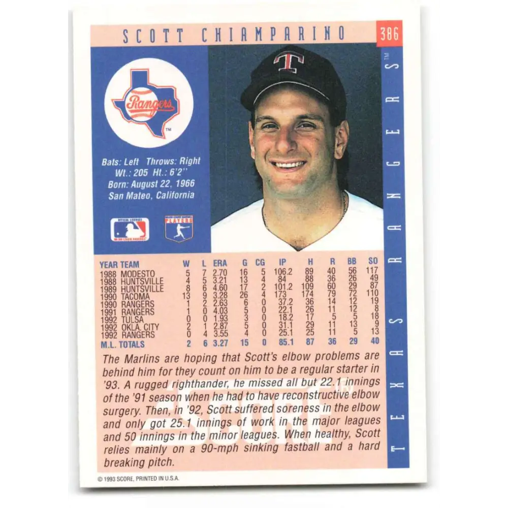 1993 Score #386 Scott Chiamparino NM-MT Texas Rangers Baseball Card Image 2