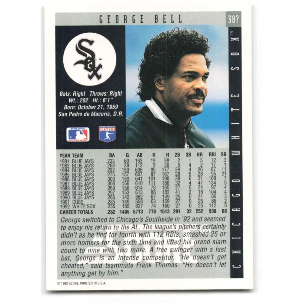 1993 Score #387 George Bell NM-MT Chicago White Sox Baseball Card Image 2