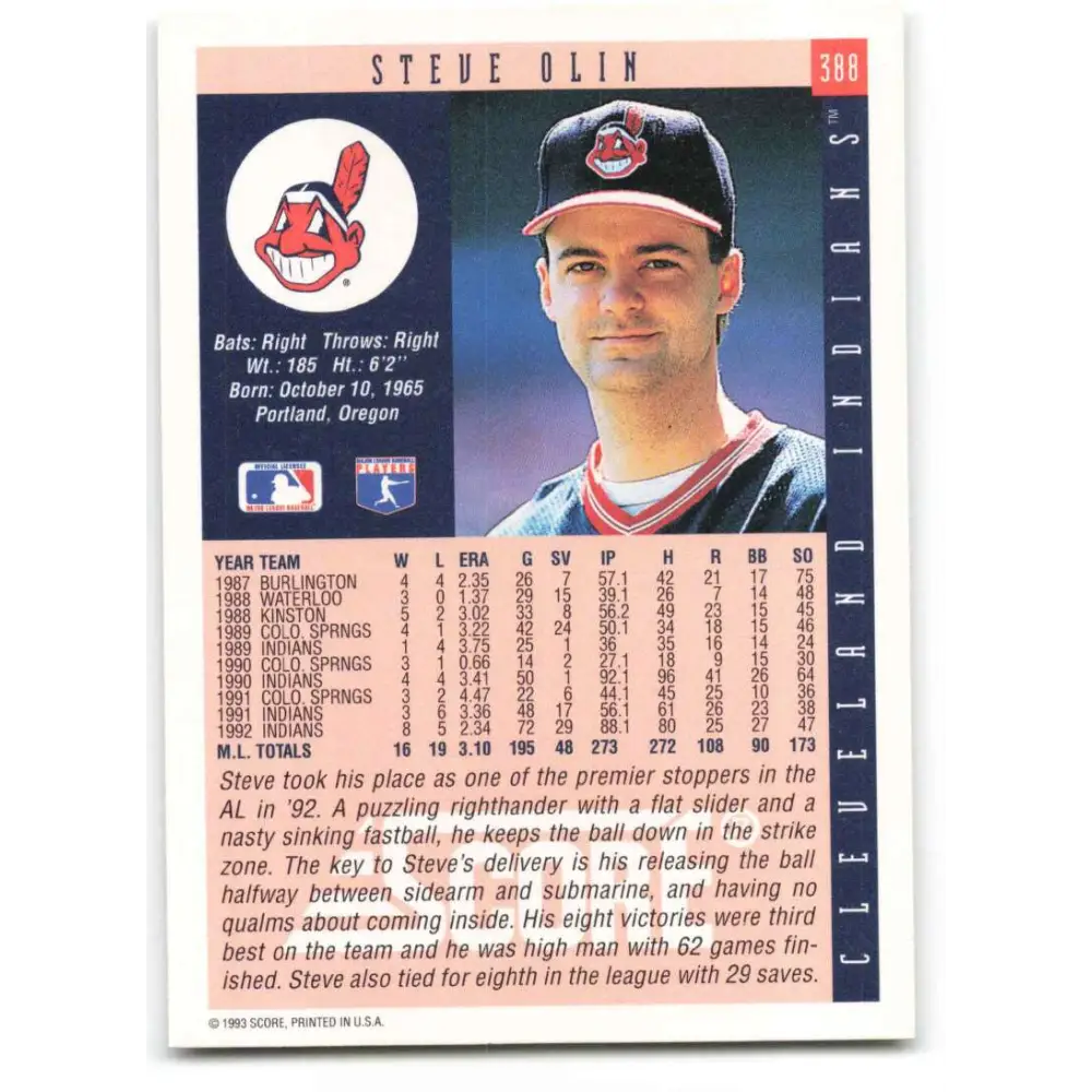 1993 Score #388 Steve Olin NM-MT Cleveland Indians Baseball Card Image 2