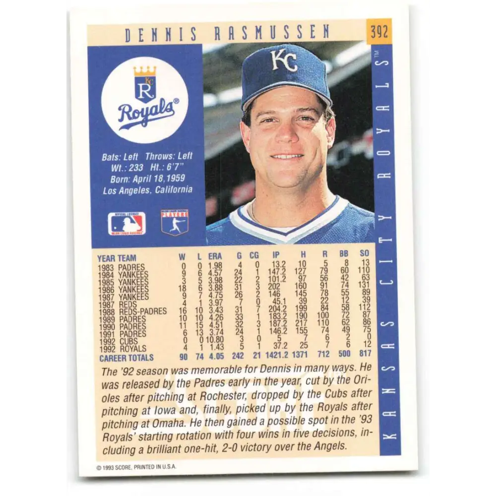 1993 Score #392 Dennis Rasmussen NM-MT Kansas City Royals Baseball Card Image 2