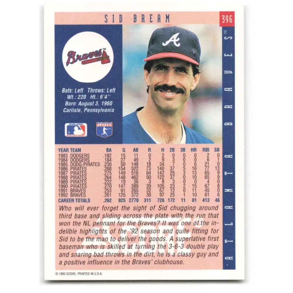 1993 Score #396 Sid Bream NM-MT Atlanta Braves Baseball Card Image 2
