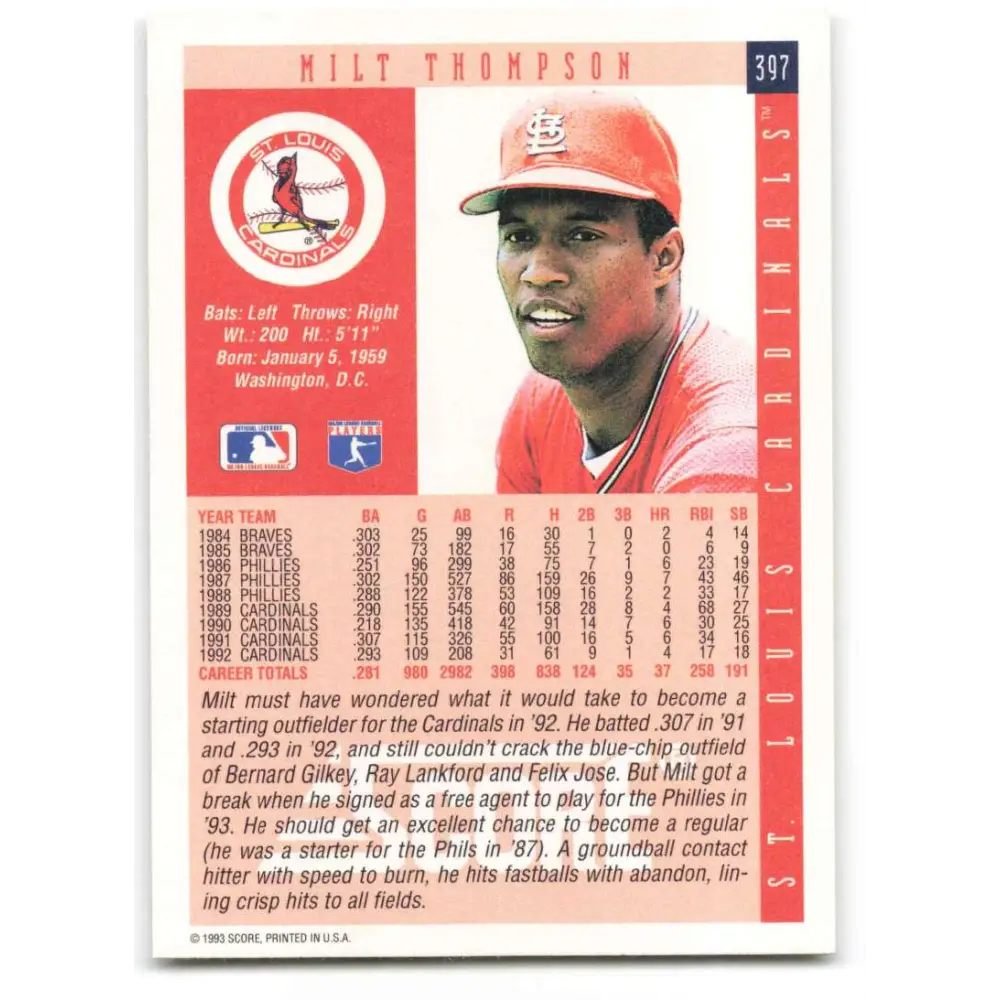 1993 Score #397 Milt Thompson NM-MT St. Louis Cardinals Baseball Card Image 2