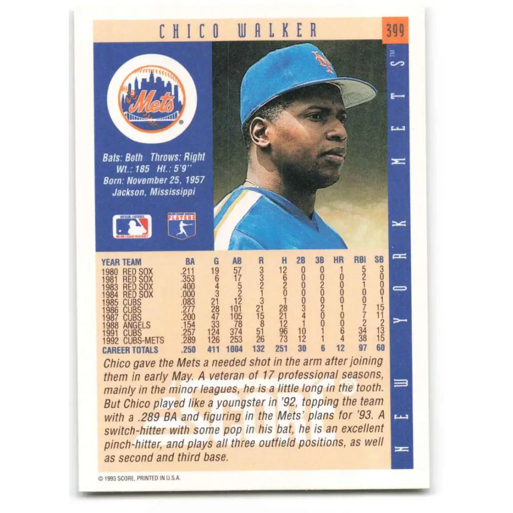 1993 Score #399 Chico Walker NM-MT New York Mets Baseball Card Image 2