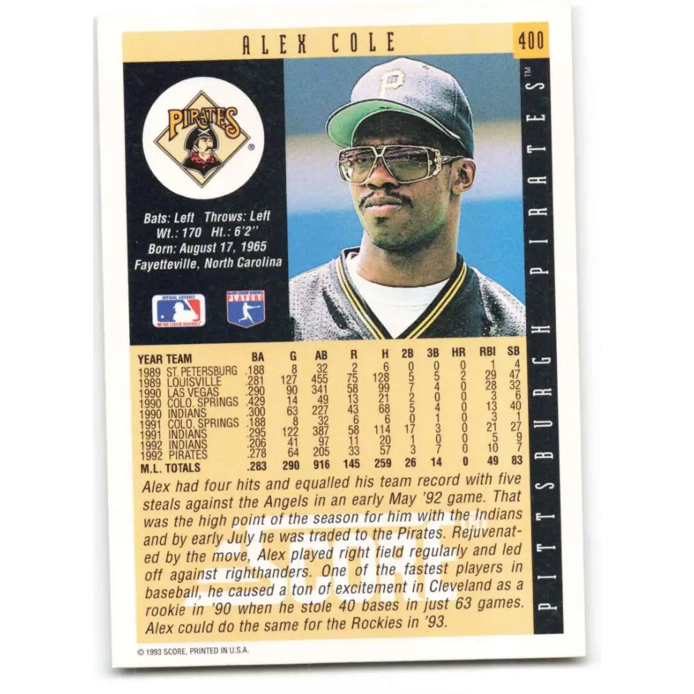 1993 Score #400 Alex Cole NM-MT Pittsburgh Pirates Baseball Card Image 2