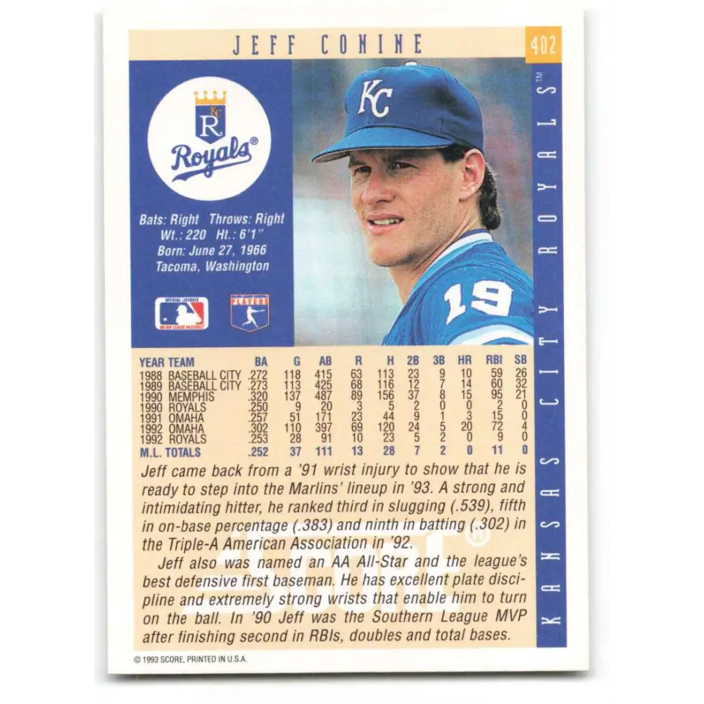 1993 Score #402 Jeff Conine NM-MT Kansas City Royals Baseball Card Image 2