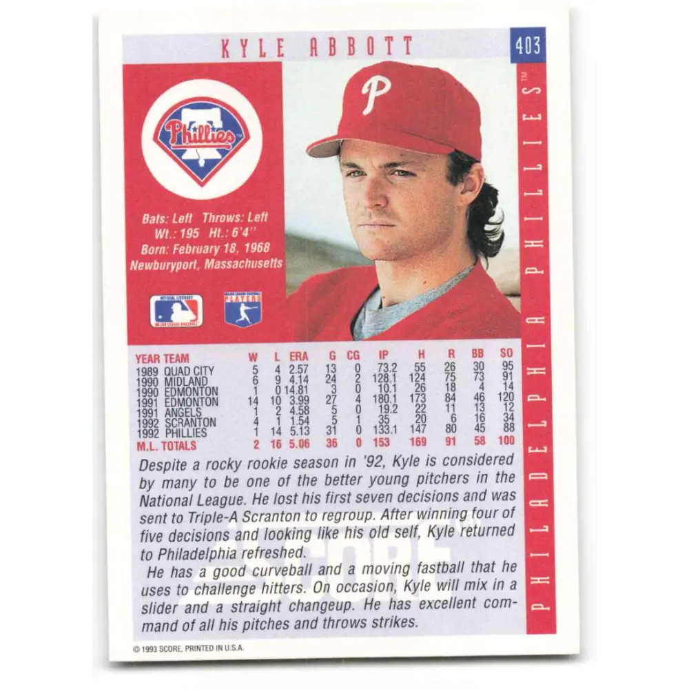 1993 Score #403 Kyle Abbott NM-MT Philadelphia Phillies Baseball Card Image 2