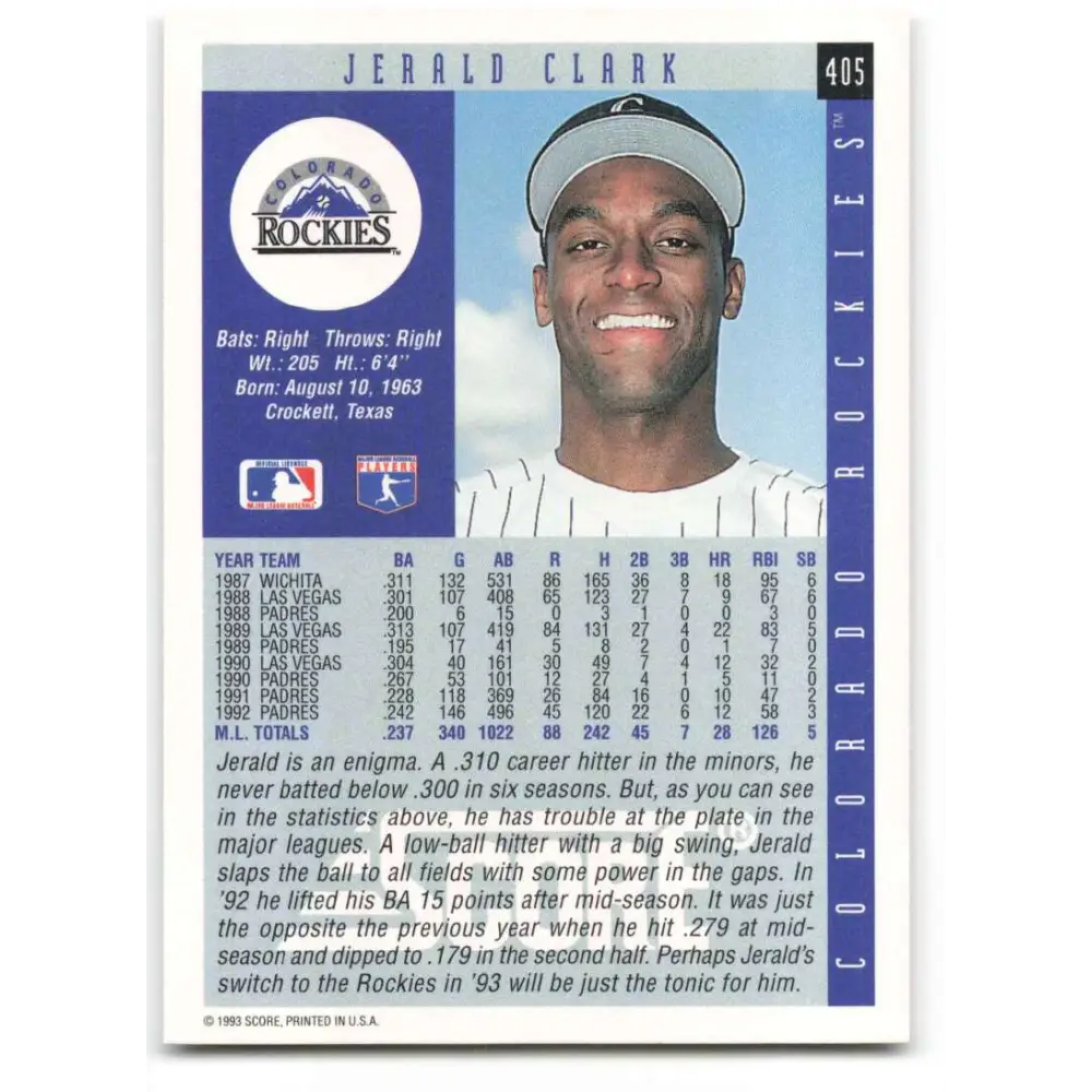 1993 Score #405 Jerald Clark NM-MT Colorado Rockies Baseball Card Image 2