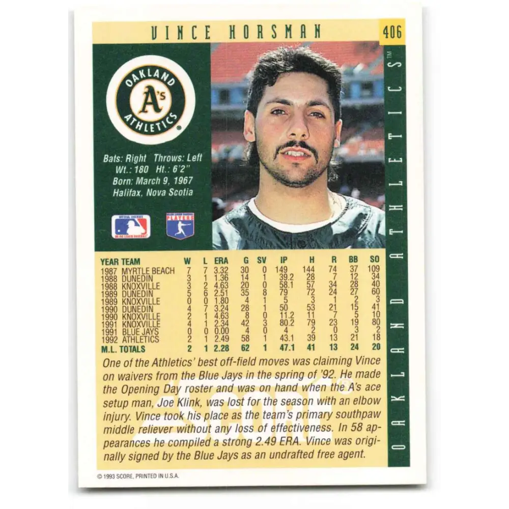 1993 Score #406 Vince Horsman NM-MT Oakland Athletics Baseball Card Image 2