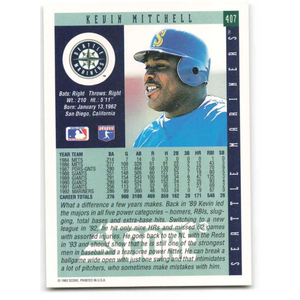 1993 Score #407 Kevin Mitchell NM-MT Seattle Mariners Baseball Card Image 2