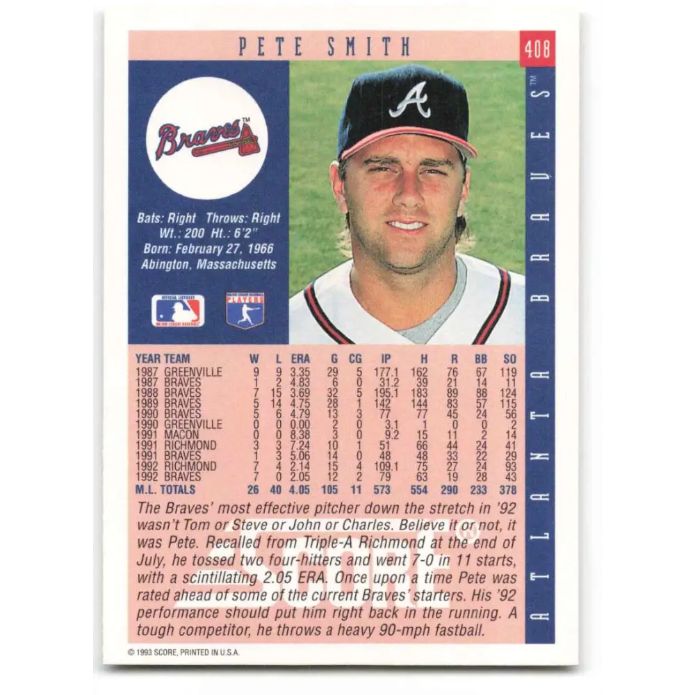 1993 Score #408 Pete Smith NM-MT Atlanta Braves Baseball Card Image 2