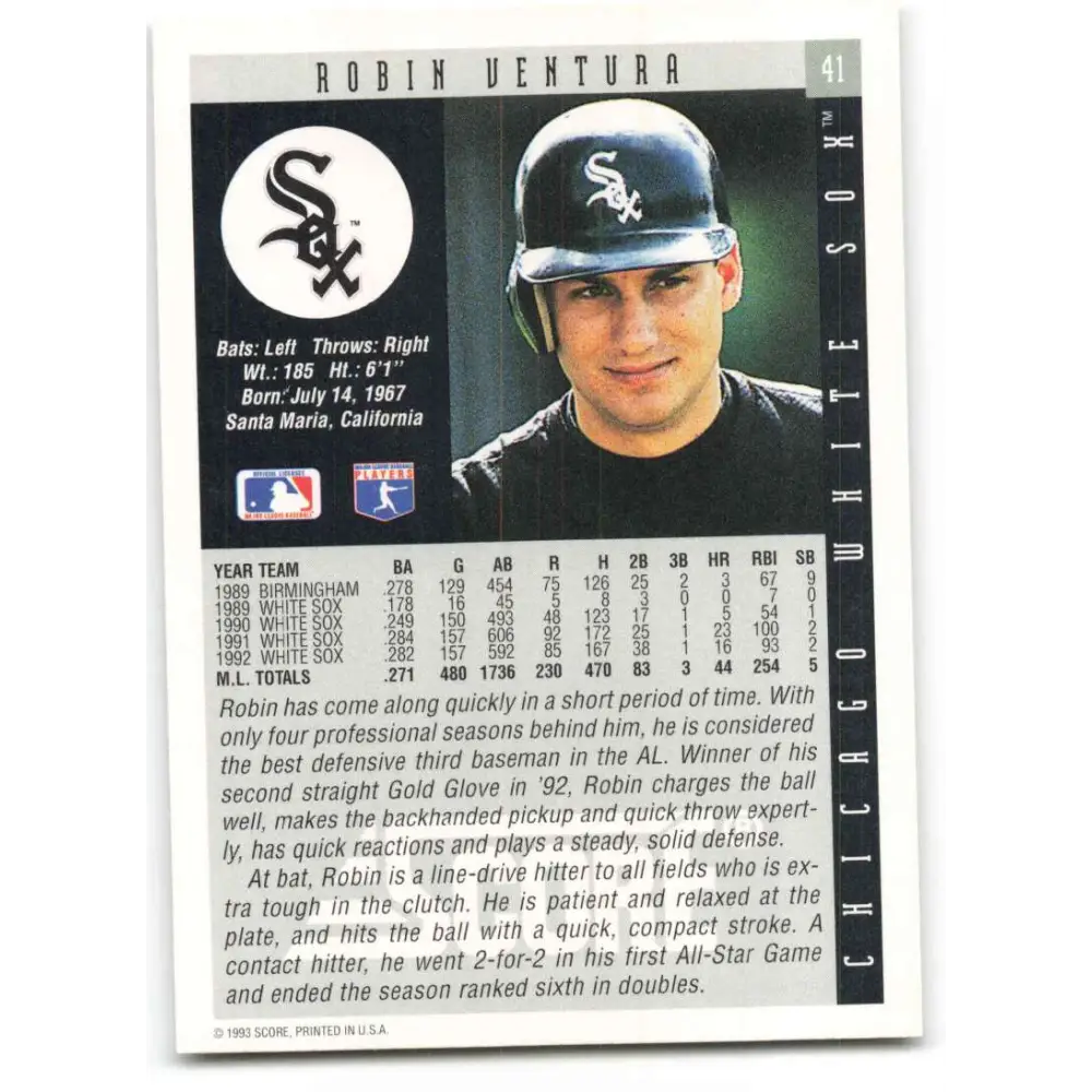 1993 Score #41 Robin Ventura NM-MT Chicago White Sox Baseball Card Image 2
