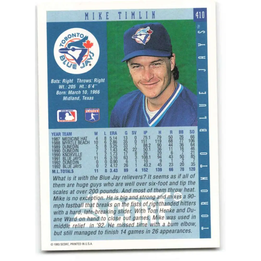 1993 Score #410 Mike Timlin NM-MT Toronto Blue Jays Baseball Card Image 2