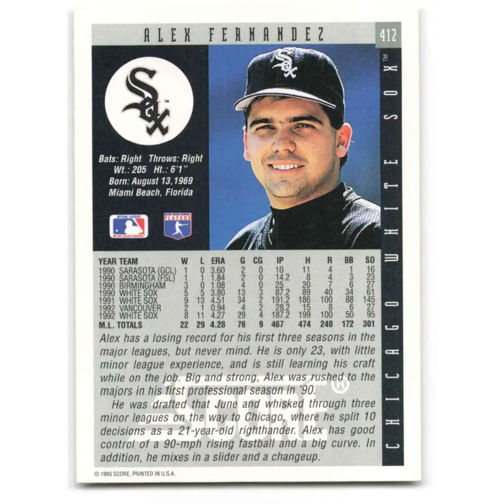 1993 Score #412 Alex Fernandez NM-MT Chicago White Sox Baseball Card Image 2
