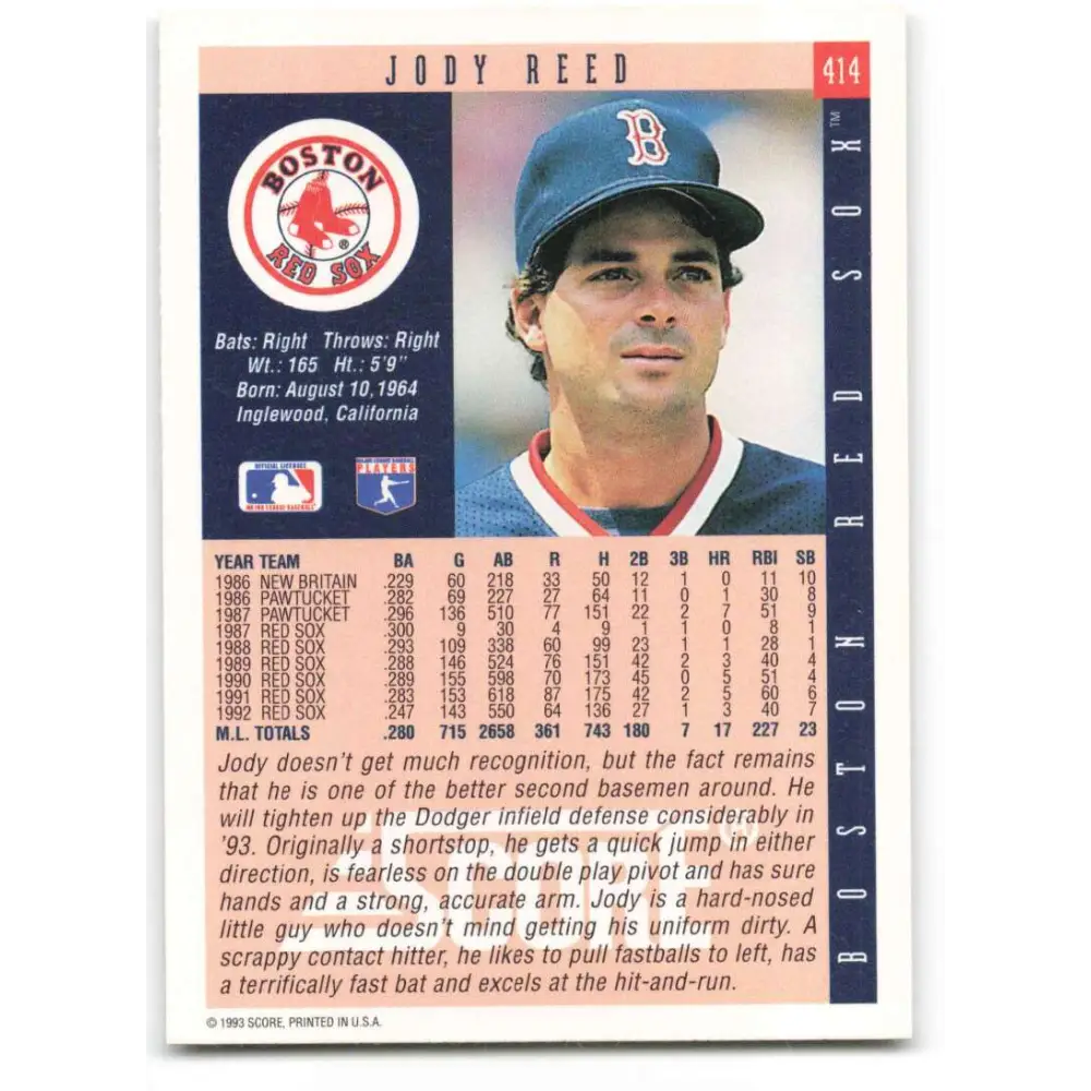 1993 Score #414 Jody Reed NM-MT Boston Red Sox Baseball Card Image 2