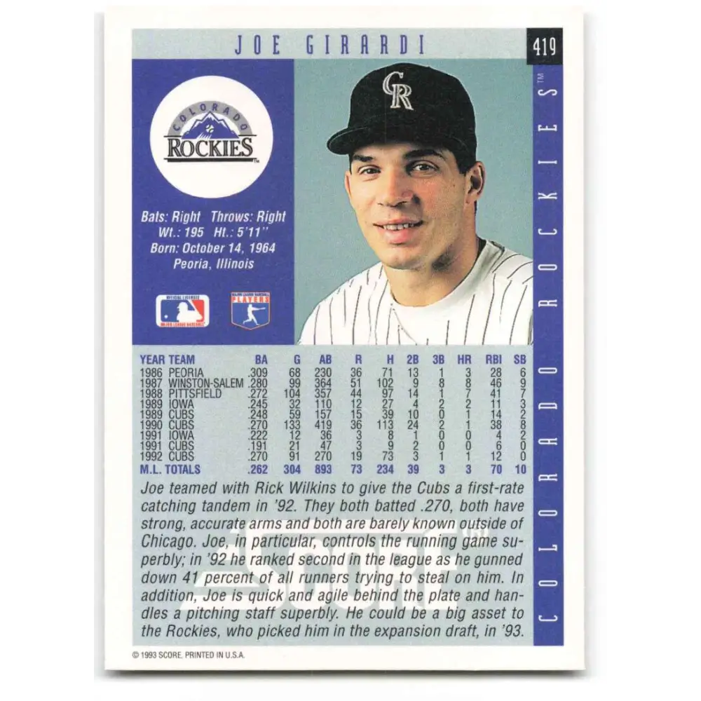 1993 Score #419 Joe Girardi NM-MT Colorado Rockies Baseball Card Image 2