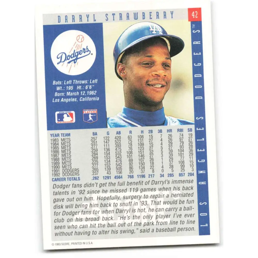 1993 Score #42 Darryl Strawberry NM-MT Los Angeles Dodgers Baseball Card Image 2