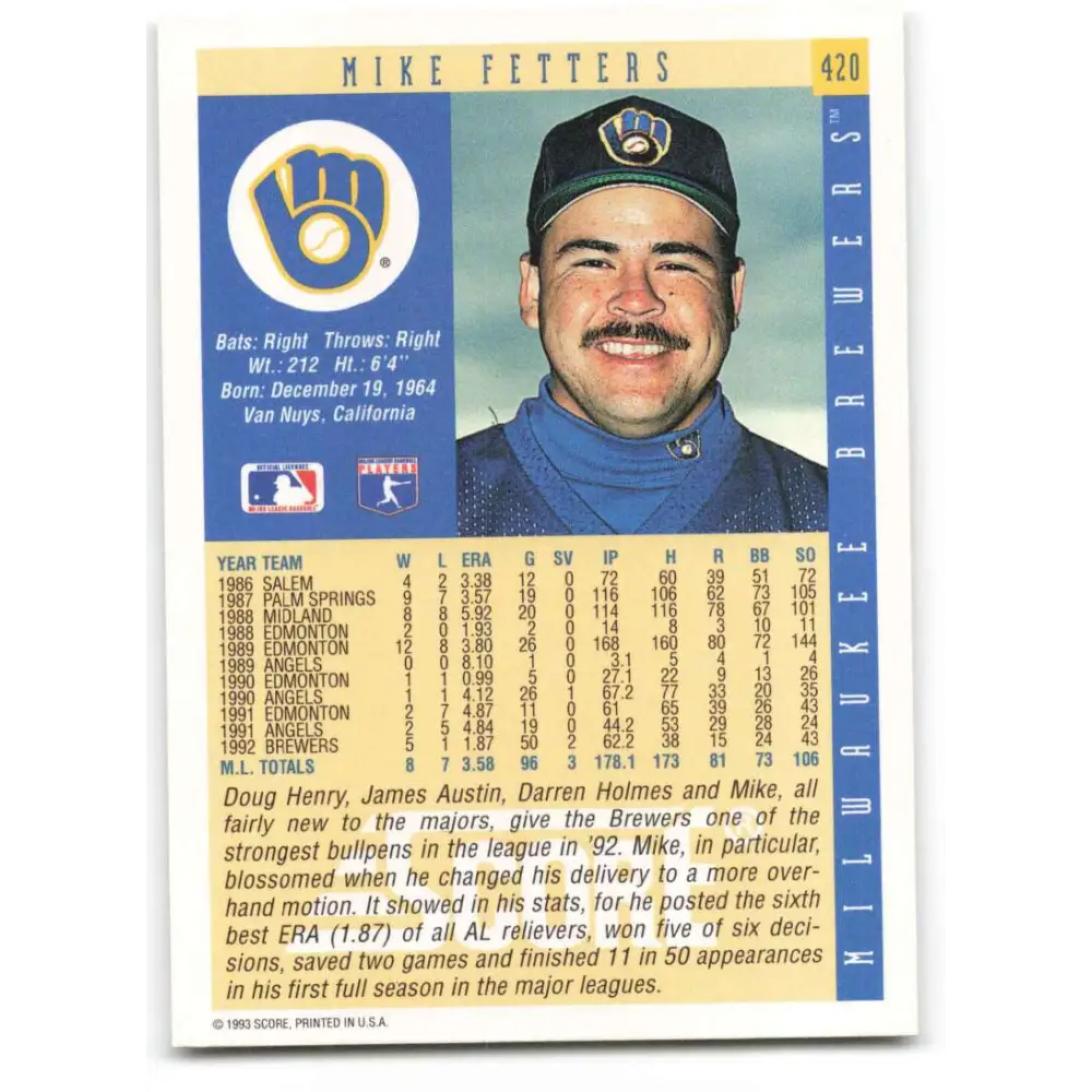 1993 Score #420 Mike Fetters NM-MT Milwaukee Brewers Baseball Card Image 2