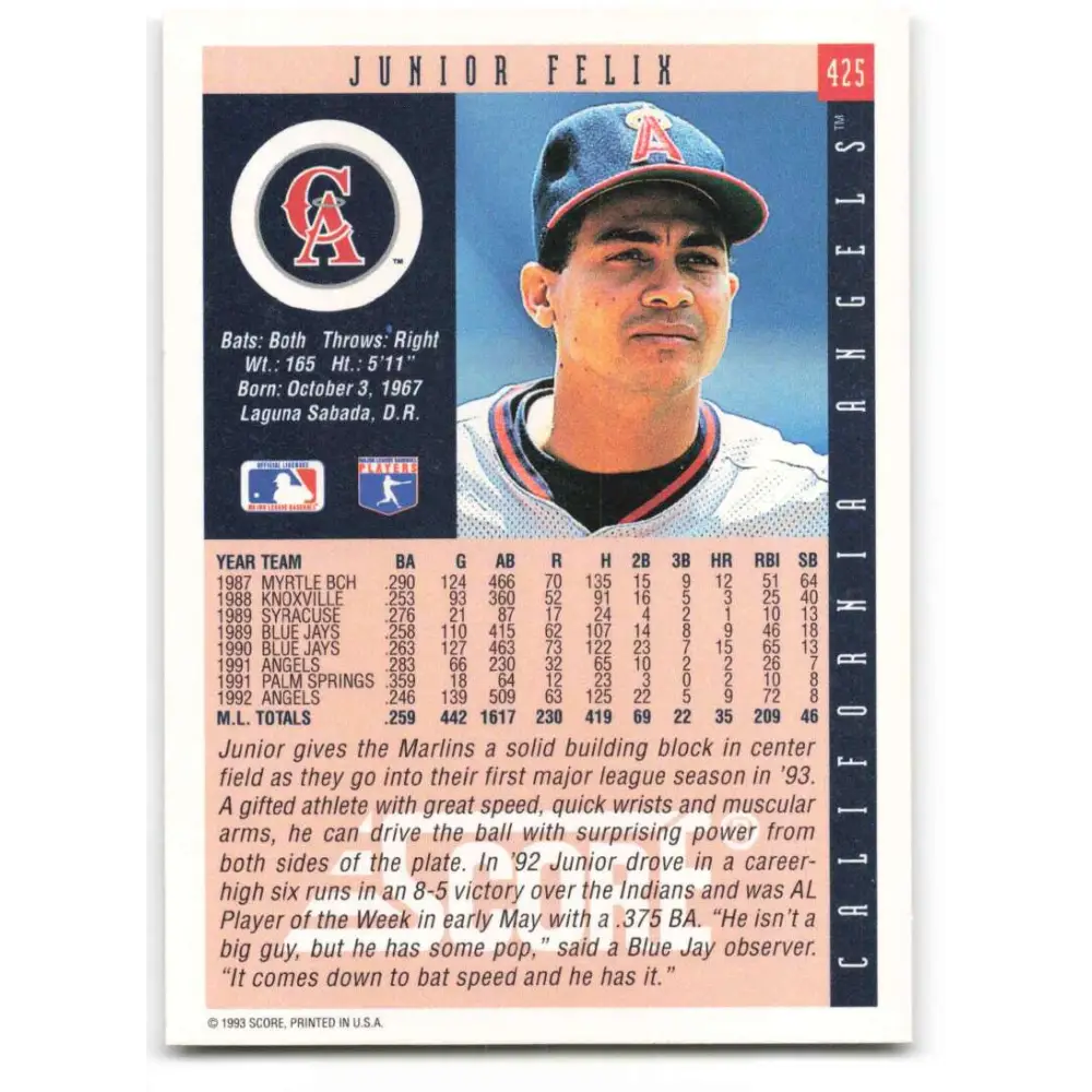 1993 Score #425 Junior Felix NM-MT California Angels Baseball Card Image 2