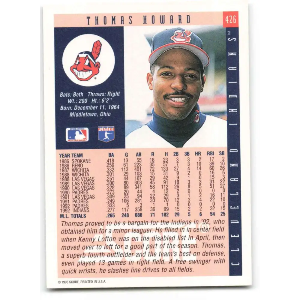 1993 Score #426 Thomas Howard NM-MT Cleveland Indians Baseball Card Image 2