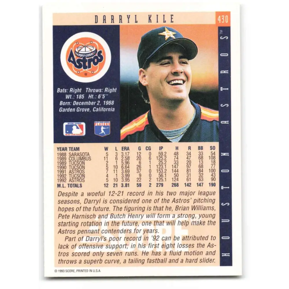 1993 Score #430 Darryl Kile NM-MT Houston Astros Baseball Card Image 2