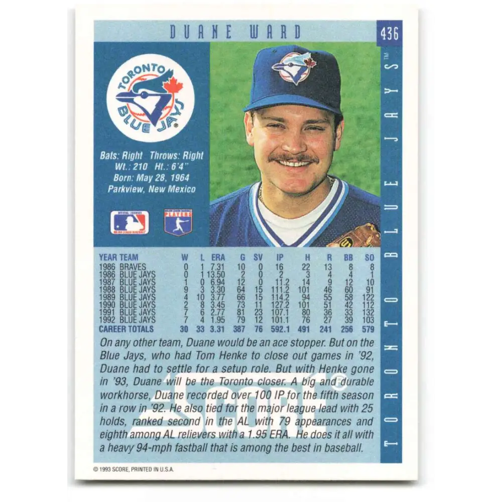 1993 Score #436 Duane Ward NM-MT Toronto Blue Jays Baseball Card Image 2