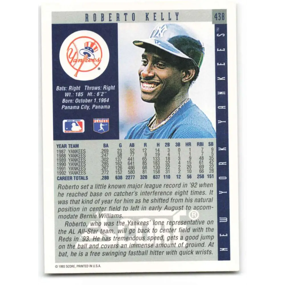 1993 Score #438 Roberto Kelly NM-MT New York Yankees Baseball Card Image 2