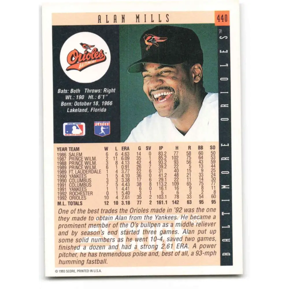 1993 Score #440 Alan Mills NM-MT Baltimore Orioles Baseball Card Image 2