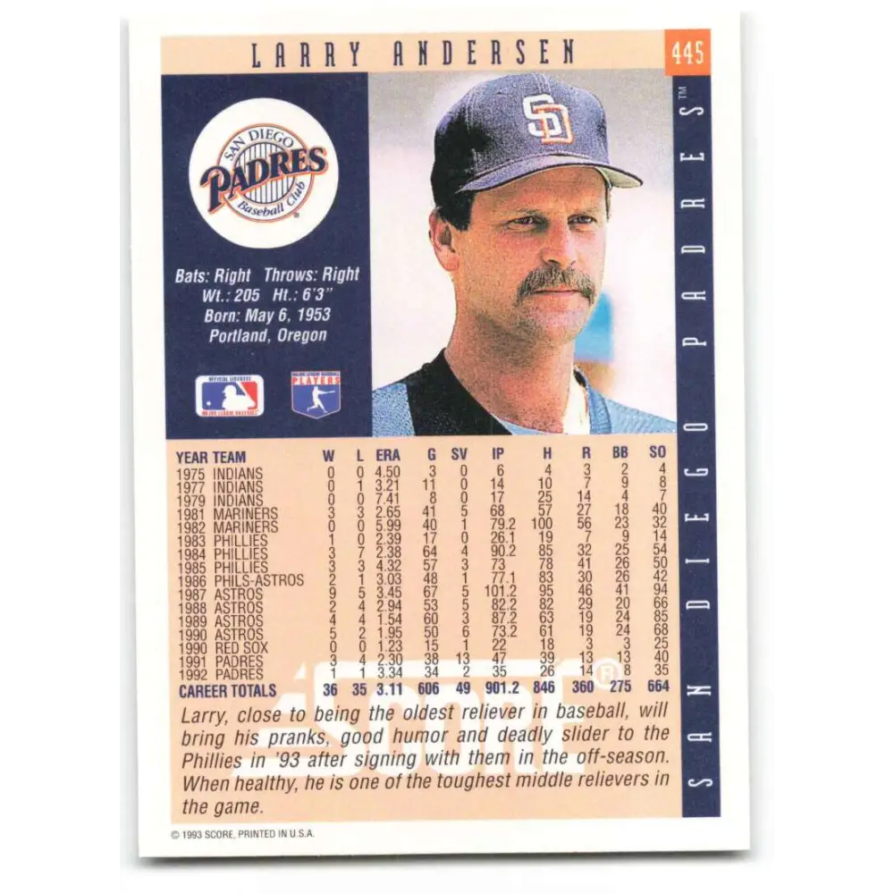 1993 Score #445 Larry Andersen NM-MT San Diego Padres Baseball Card Image 2