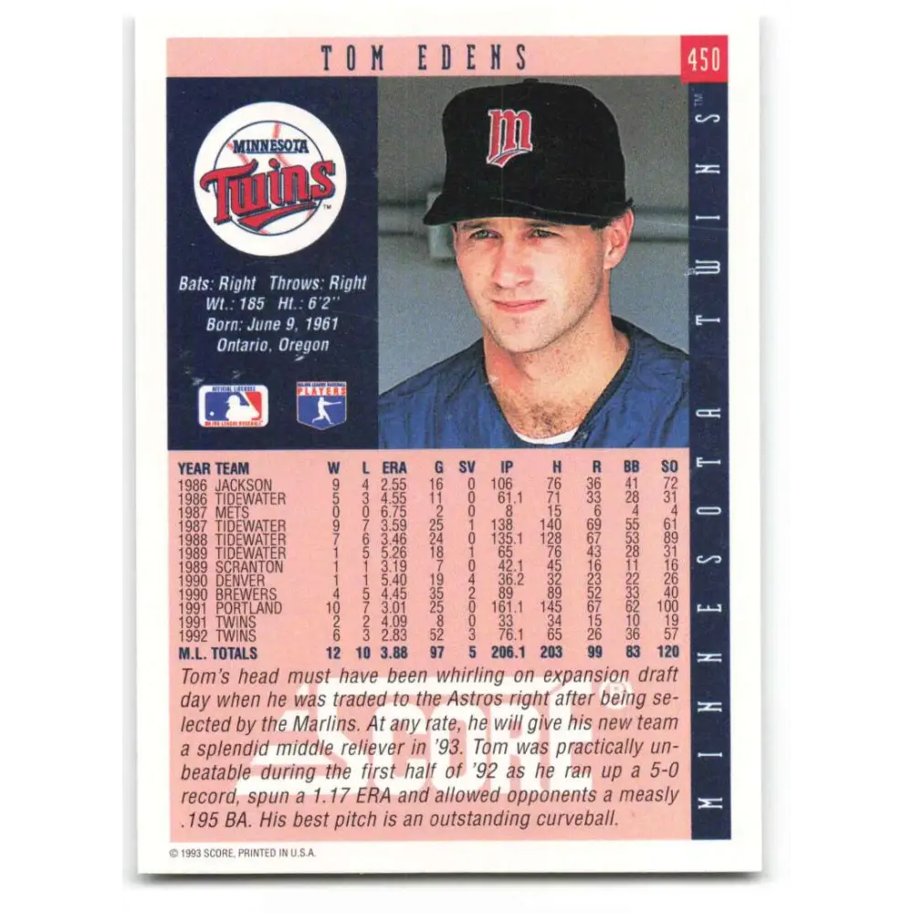 1993 Score #450 Tom Edens NM-MT Minnesota Twins Baseball Card Image 2