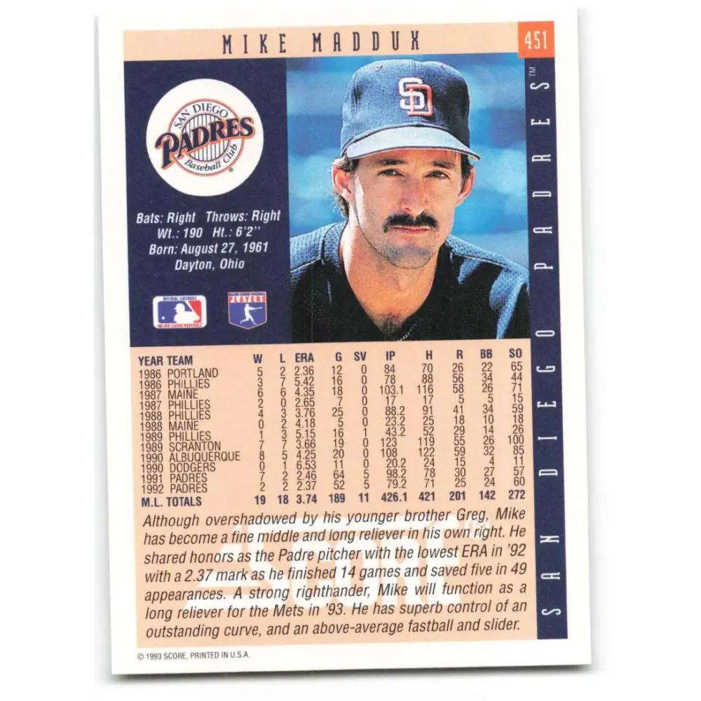 1993 Score #451 Mike Maddux NM-MT San Diego Padres Baseball Card Image 2
