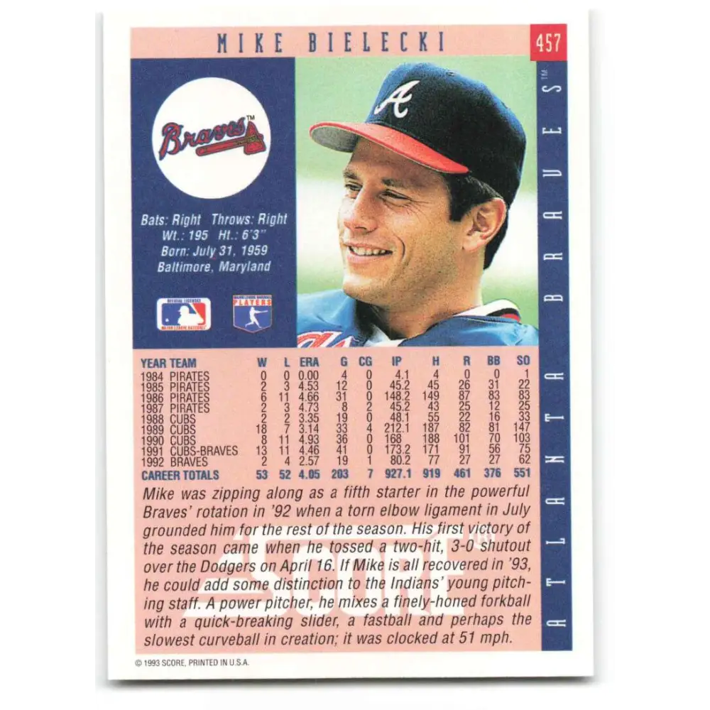 1993 Score #457 Mike Bielecki NM-MT Atlanta Braves Baseball Card Image 2