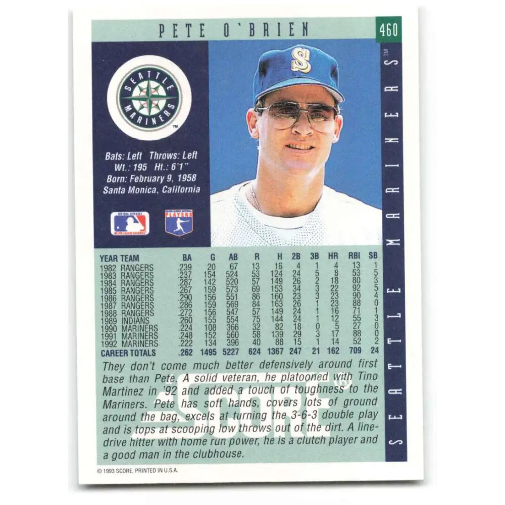 1993 Score #460 Pete O'Brien NM-MT Seattle Mariners Baseball Card Image 2
