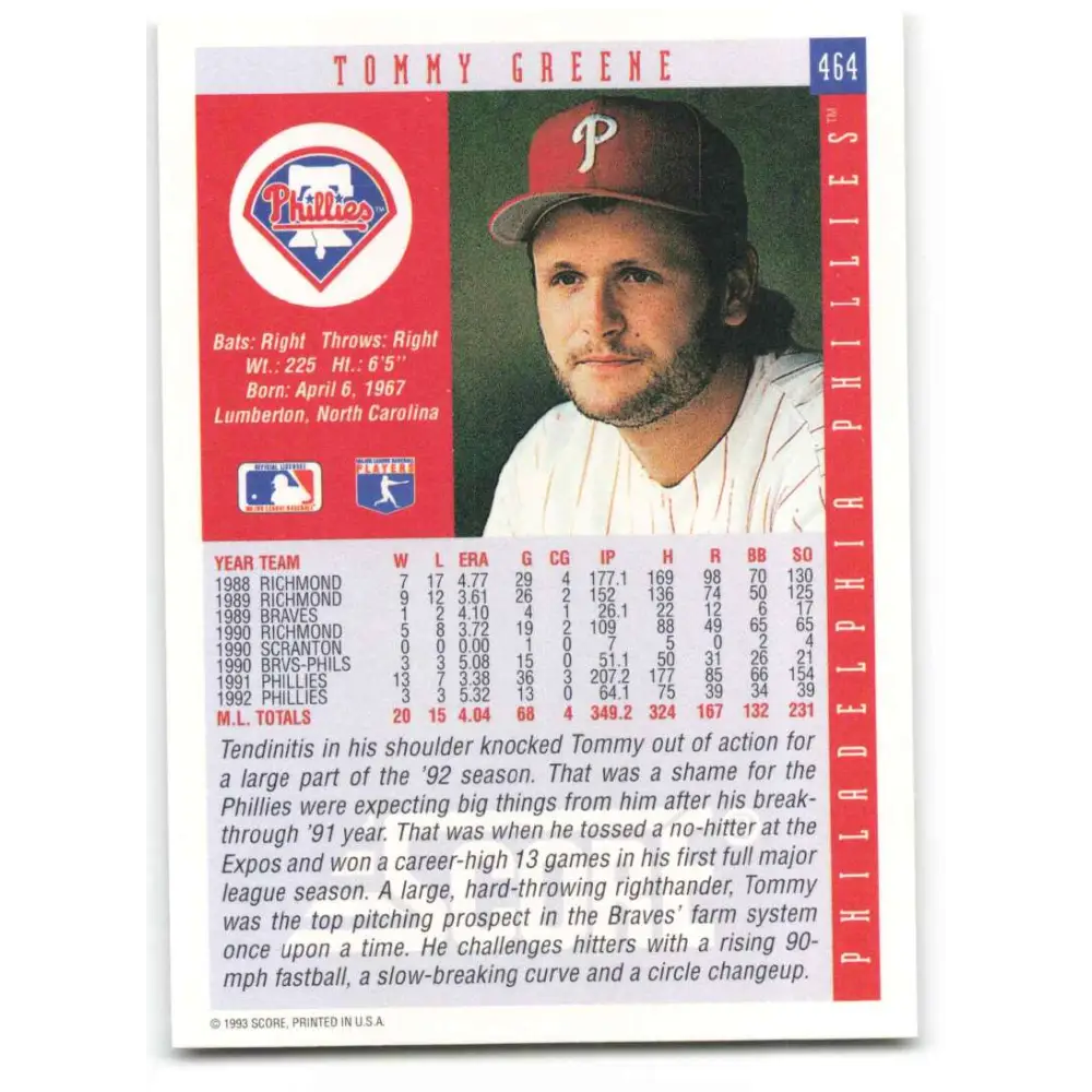 1993 Score #464 Tommy Greene NM-MT Philadelphia Phillies Baseball Card Image 2